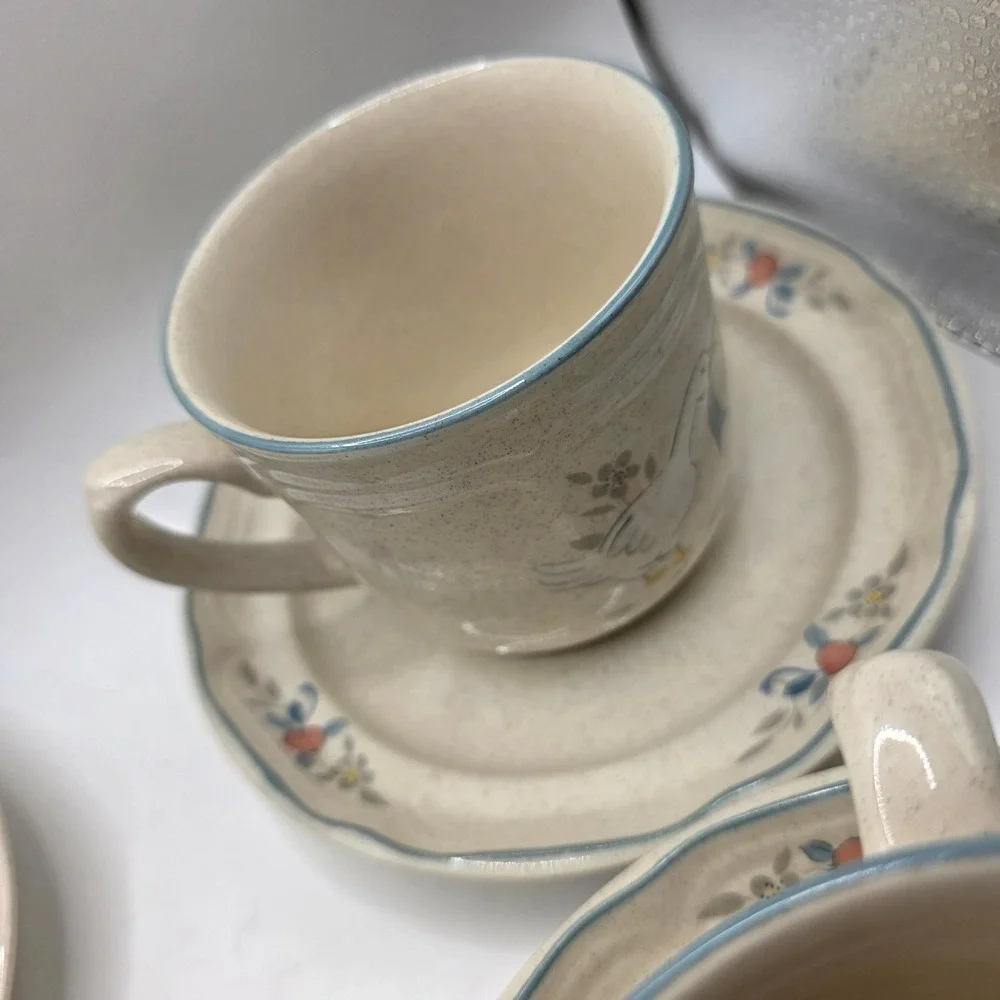Marmalade Goose International China Tea Cup Saucer Set 8 Piece Cream Blue Rim